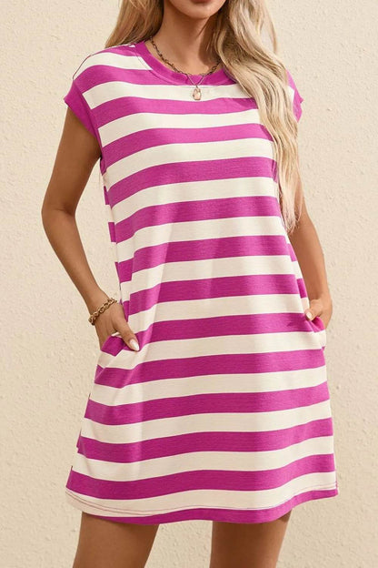Stripe Cap Sleeve Pocketed Shift Tee Dress Trendsi 5556b4a7-d605-4939-949c-13151e3cd97d-Max-Origin