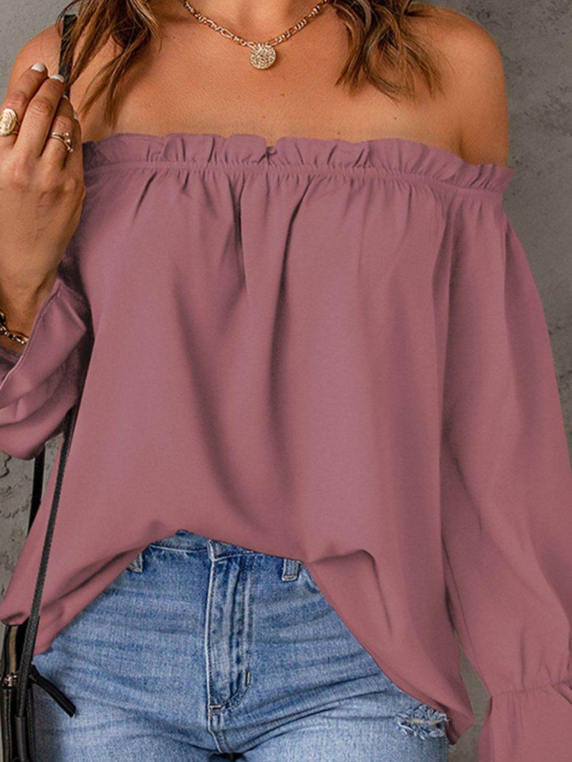 Off-Shoulder Flounce Sleeve Blouse Trendsi 5578f1c433ef4963885a6a9052f8acda-Max