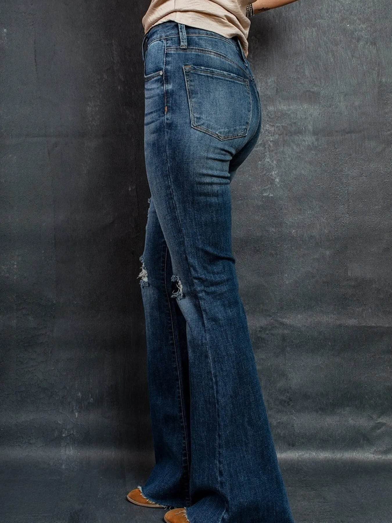 Distressed High-Waisted Flare Jeans Trendsi 55891491ea4e4ca2a653d7db7b22a5bc-Max-Origin