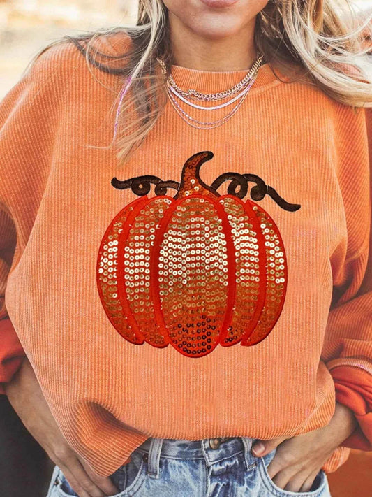 Halloween Sequined Pumpkin Ribbed Round Neck Sweatshirt Tangerine Trendsi 55893cdc-55de-4b00-afc7-5372b214c6fa-Max-Origin