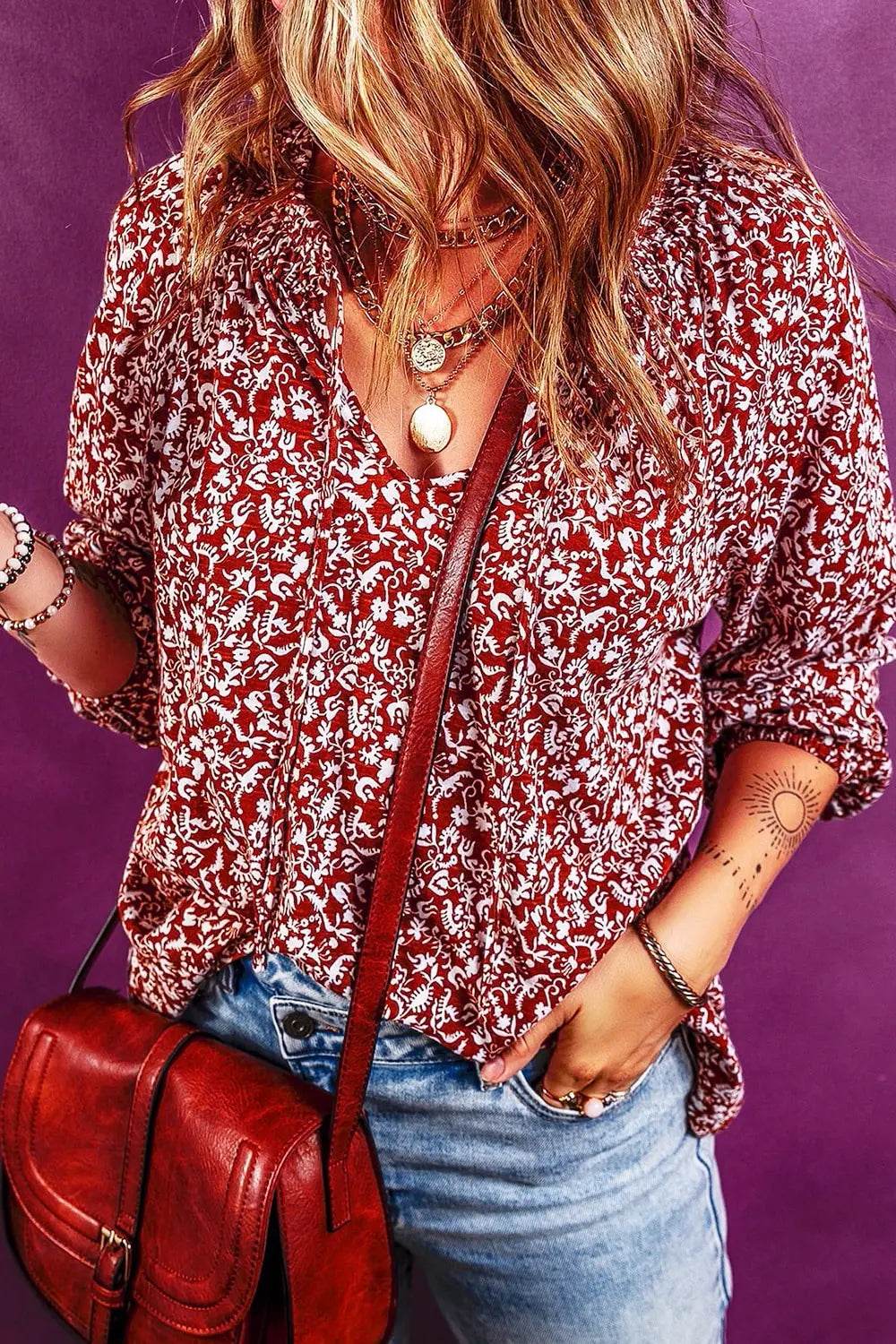 Printed Tie Neck Balloon Sleeve Blouse Cerise Trendsi 5589b79e22604a2f966ae266f00ebfbf-Max