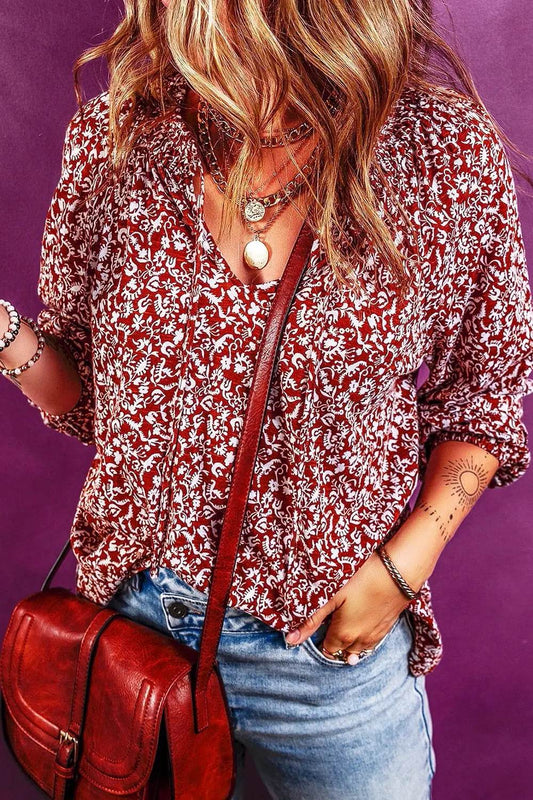 Printed Tie Neck Balloon Sleeve Blouse Cerise Trendsi 5589b79e22604a2f966ae266f00ebfbf-Max
