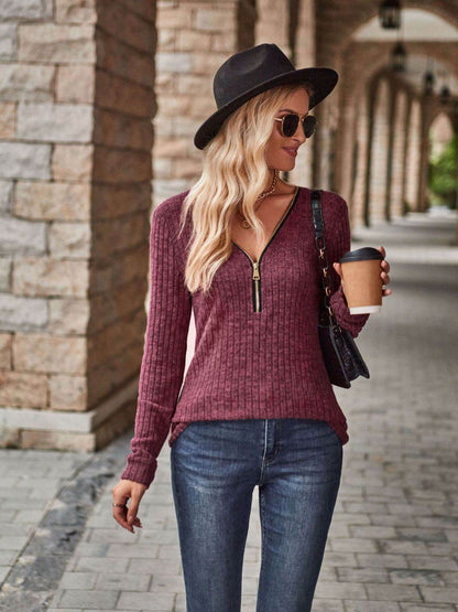 Half-Zip V-Neck Long Sleeve Top Plum Trendsi 55a41884e0d144ae87933a274918ea13-Max