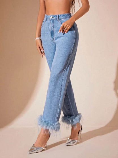 Plush Hem High Rise Straight Jeans Trendsi 55aa10c6-91f1-489d-8f5b-a386d6f5840b-Max