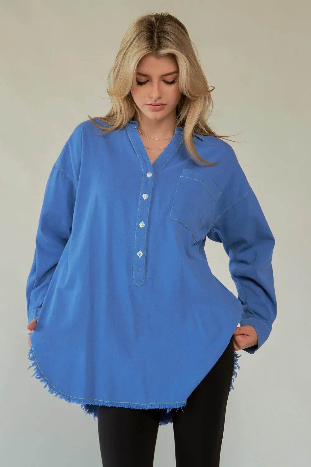 Davi & Dani Letter Back Raw Hem Half Button Shirt Trendsi 55ab7ffe-fe68-4c0d-a7f7-3e41151ebb72-Max