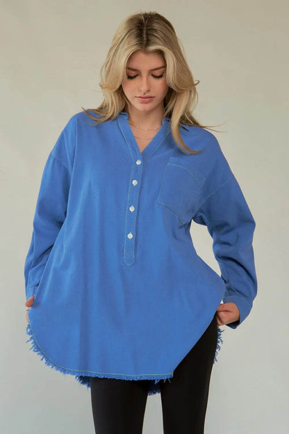 Davi & Dani Letter Back Raw Hem Half Button Shirt Trendsi 55ab7ffe-fe68-4c0d-a7f7-3e41151ebb72-Max