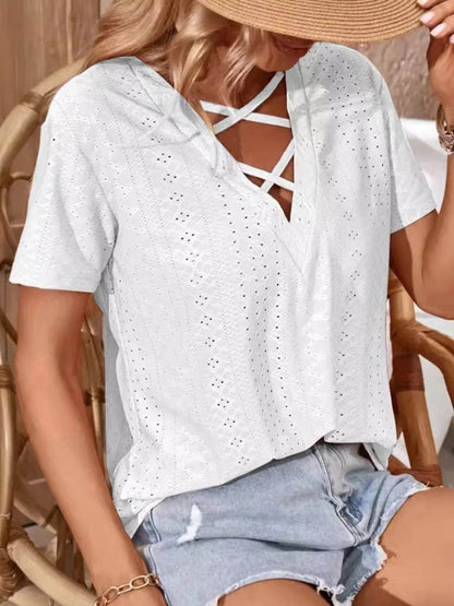 Eyelet Crisscross Short Sleeve T-Shirt White Trendsi 55ce12add9034d8caaf57eaad8e402e0-Max-Origin