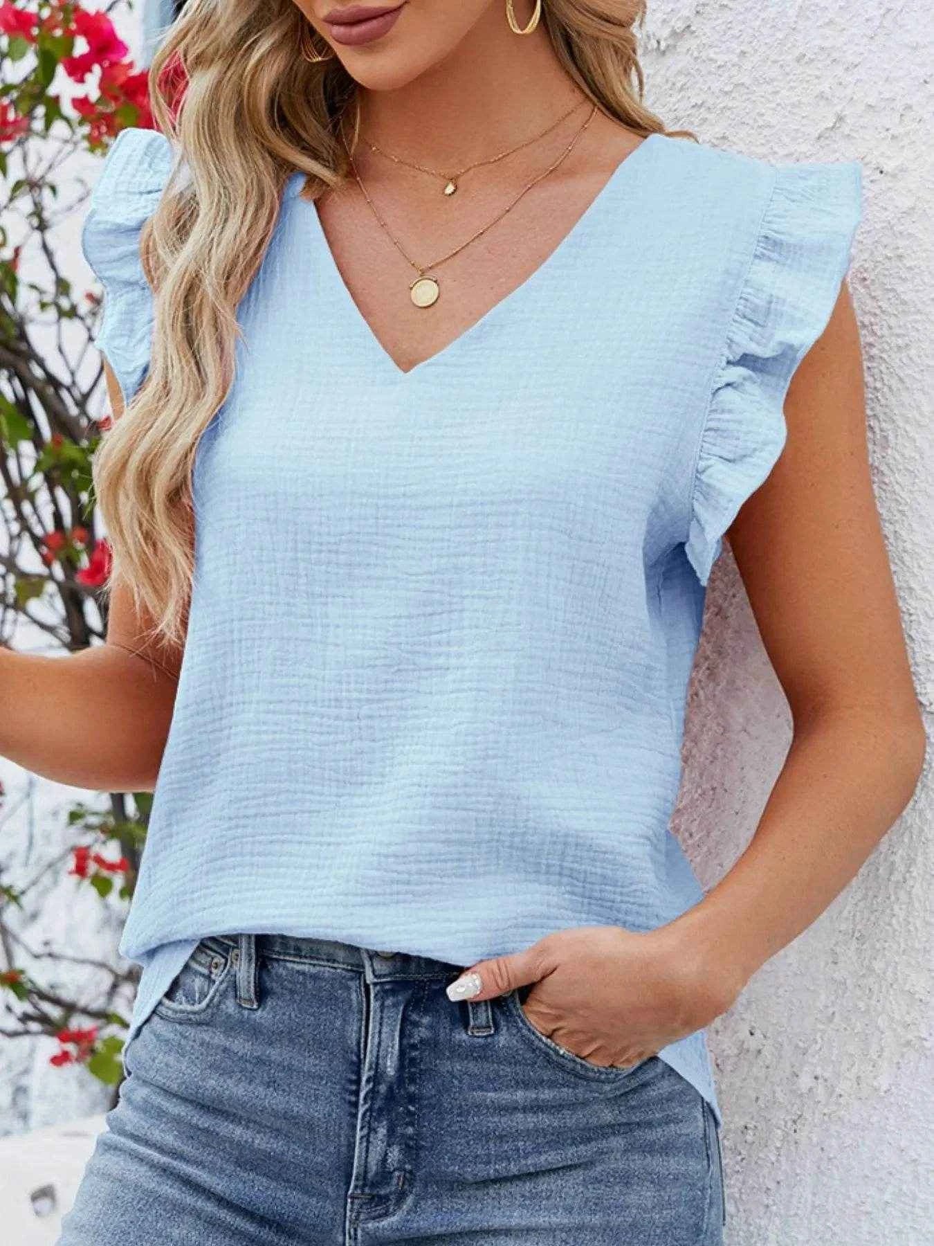 V-Neck Ruffled Sleeve Top Trendsi 55dc4ac2-709f-4260-8f12-d2ca48b01661-Max-Origin