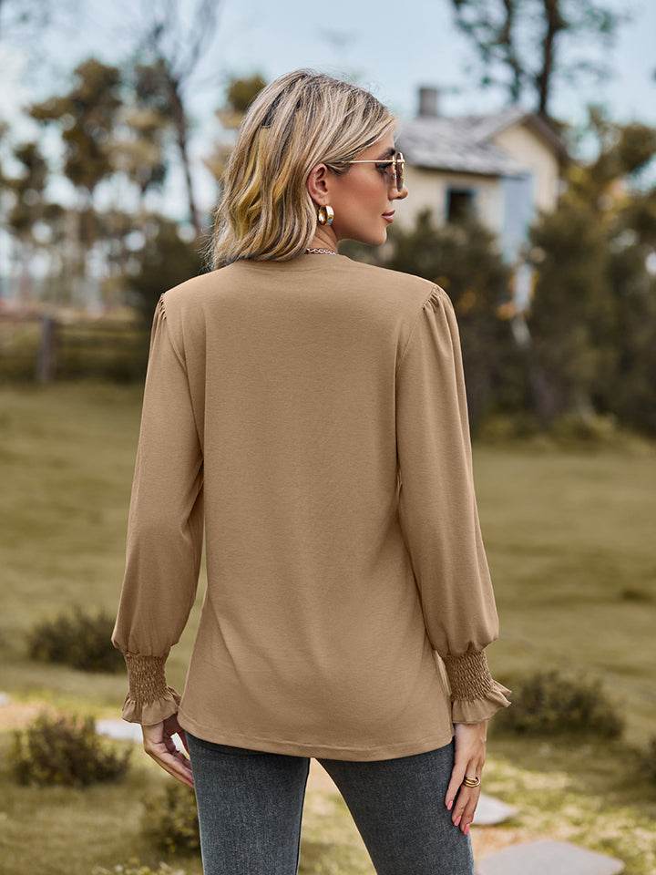 Notched Neck Flounce Sleeve Blouse Trendsi 55feca1f4cd548eda17c213c8b8a1ac1-Max