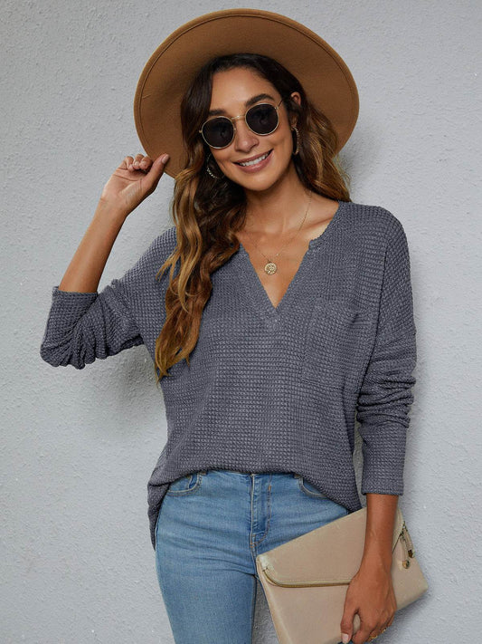 Dropped Shoulder High-Low Waffle-Knit Top Dark Gray Trendsi 55ff6fdce533442ab467bb31a850cd05-Max