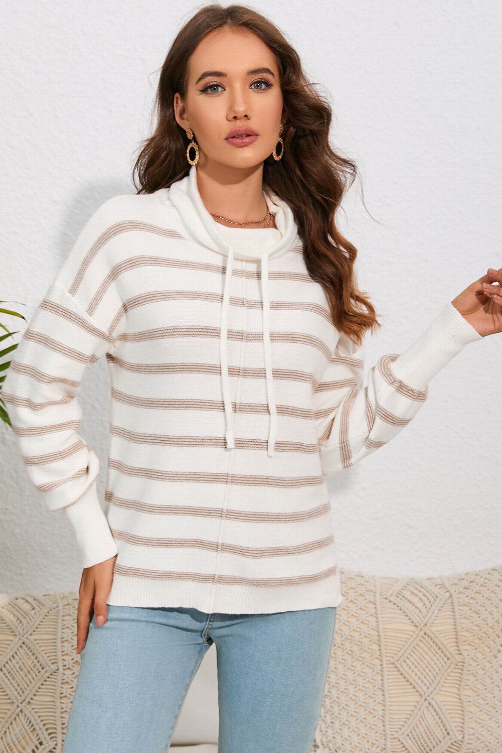 Cowl Neck Drawstring Dropped Shoulder Striped Print Blouse Trendsi 56159a4bc2c8449b9bc9369b0a5f2329-Max
