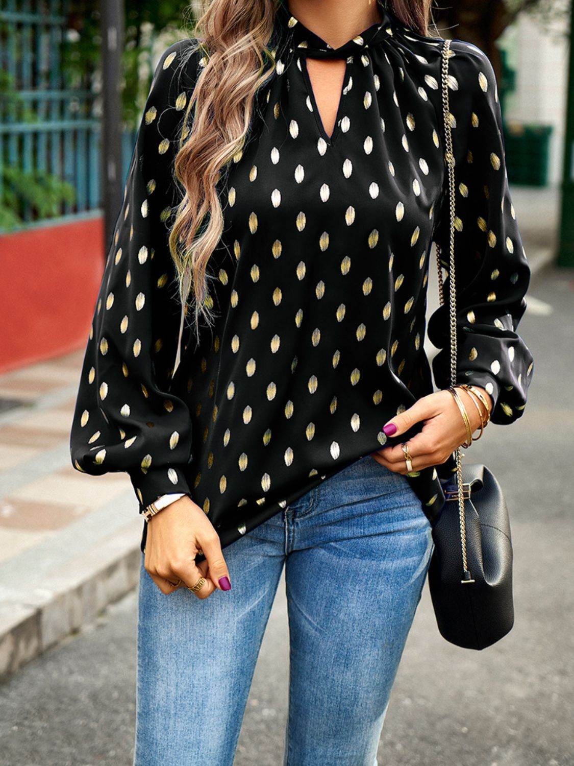 Devine Mock Neck Cutout Lantern Sleeve Blouse Black Trendsi 56182a2321fd48fa8b6983cccff2d6fa-Max