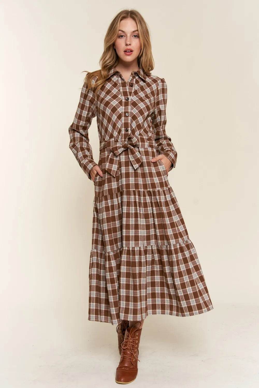 And the Why Plaid Tiered Midi Shirt Dress Trendsi 562ea667-ea91-4dc2-943a-549ec1af1073-Max