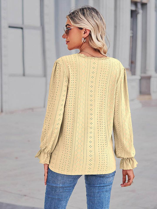 Eyelet V-Neck Flounce Sleeve Blouse Trendsi 563126911c024adb9fcdc5355988a295-Max