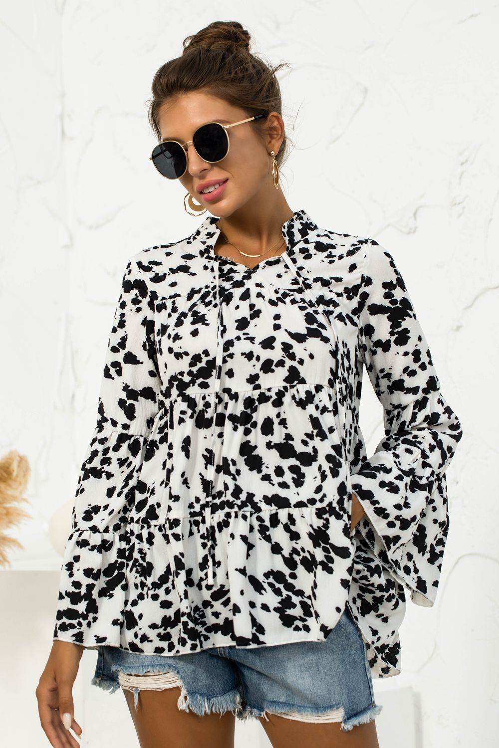 Printed Flare Sleeve Tie Neck Ruffle Trim Blouse Trendsi 565d985450984aadb909dfad071b023e-Max