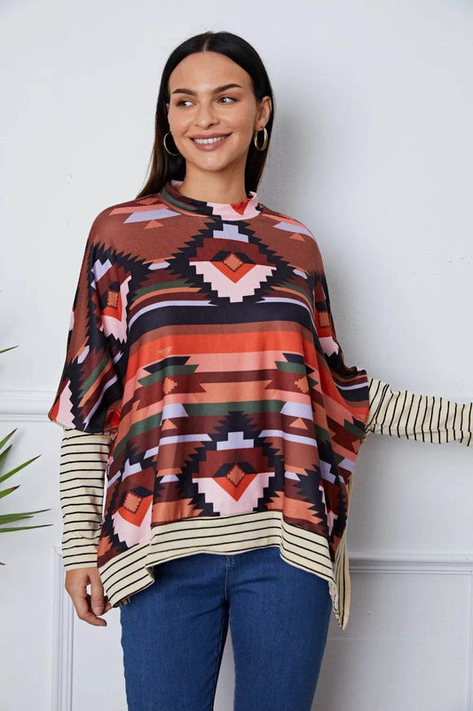 Geometric Striped Splicing Round Neck Blouse Multicolor Trendsi 56601177-f0d5-4772-8f1b-33797a46b753-Max