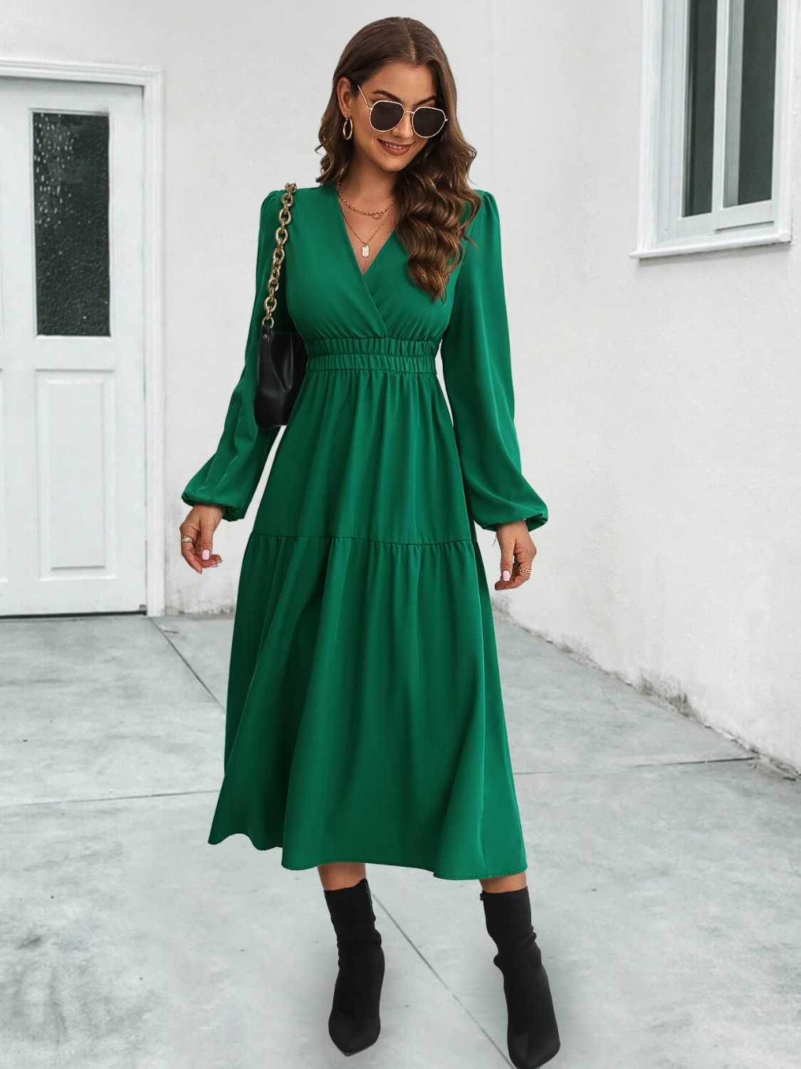 Surplice Neck Long Sleeve Midi Dress Dark Green Trendsi 56789fbf2432485bbf6f2496f10dd191-Max