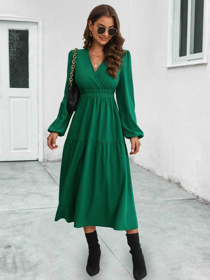 Surplice Neck Long Sleeve Midi Dress Dark Green Trendsi 56789fbf2432485bbf6f2496f10dd191-Max