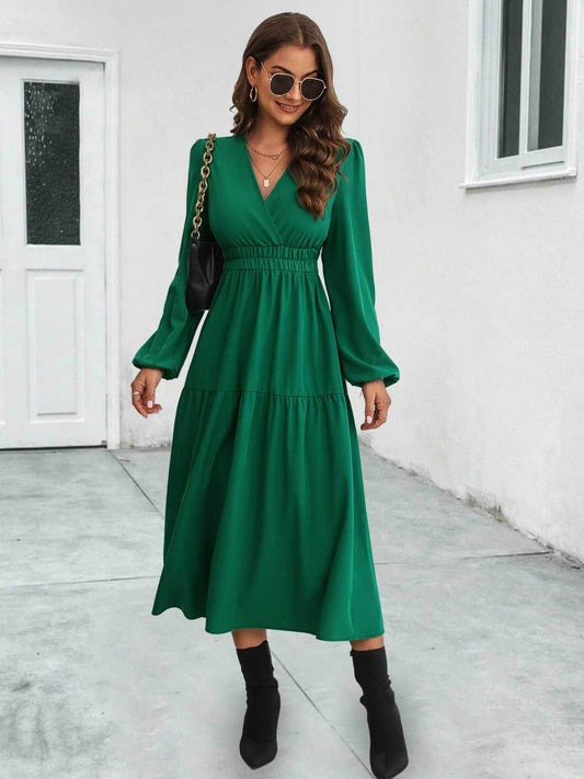 Surplice Neck Long Sleeve Midi Dress Dark Green Trendsi 56789fbf2432485bbf6f2496f10dd191-Max