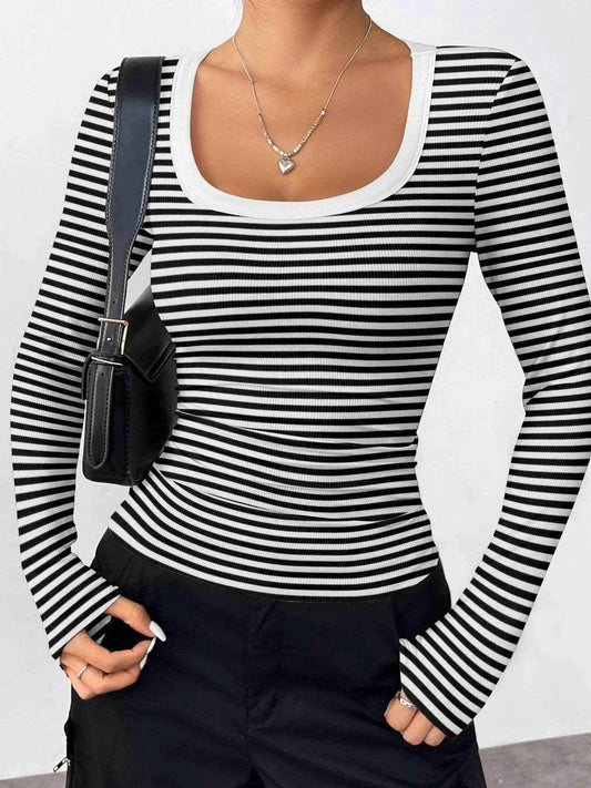 Striped Long Sleeve Scoop Neck T-Shirt Black Trendsi 569f7cb9502e4056baba774263cee2bc-Max-Origin