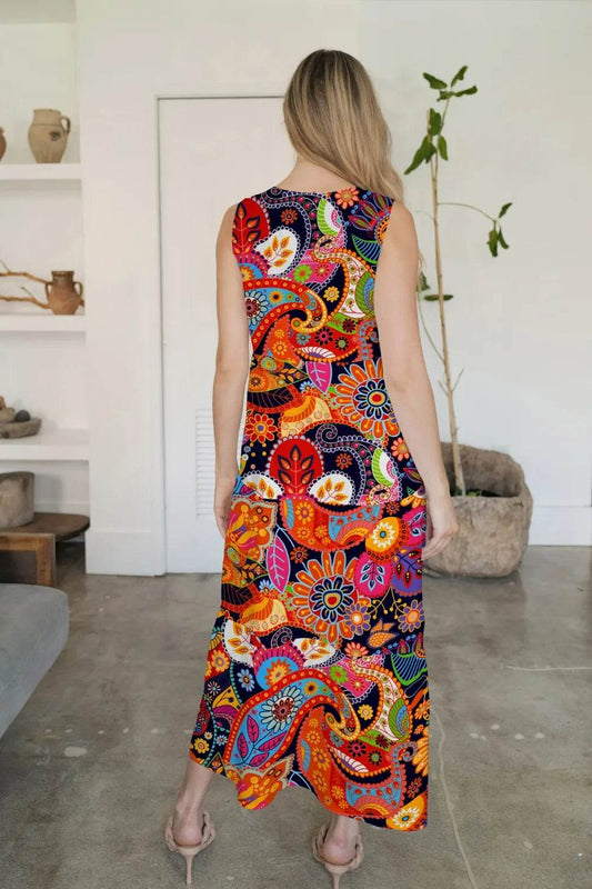 FAM-FAM Tiered Printed V-Neck Sleeveless Dress Trendsi 56a71d70-73cf-4ad0-981c-fe267327e2d8-Max