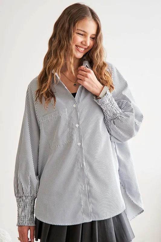 ADORA High-Low Striped Button Down Smocked Lantern Sleeve Shirt Gray Trendsi 56f5490c-f401-4355-8cbe-10676edbb8f1-Max
