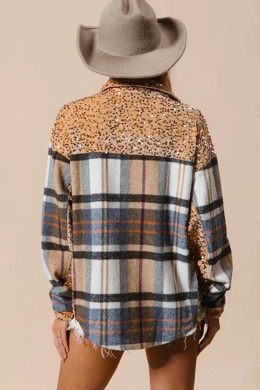 BiBi Curved Hem Sequin Plaid Button Up Shacket Trendsi 571d9458-3565-48ad-9f47-3ced4f92f56a-Max