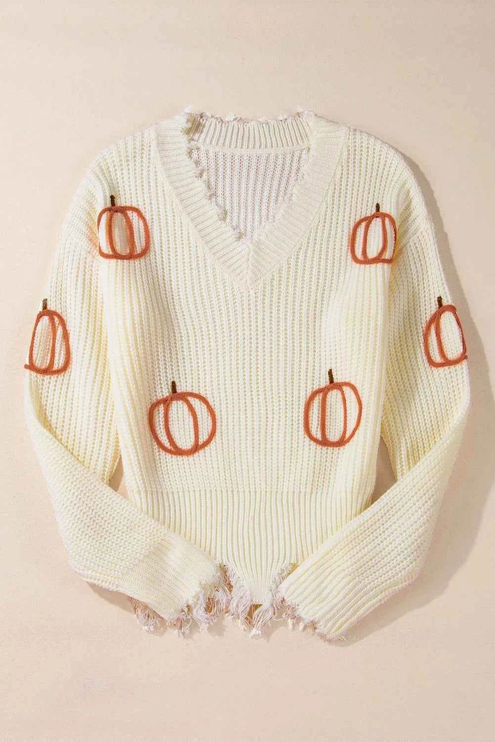 Raw Hem Pumpkin V-Neck Long Sleeve Sweater Trendsi 572d6ecb-33a0-483a-b288-1f78398260e2-Max