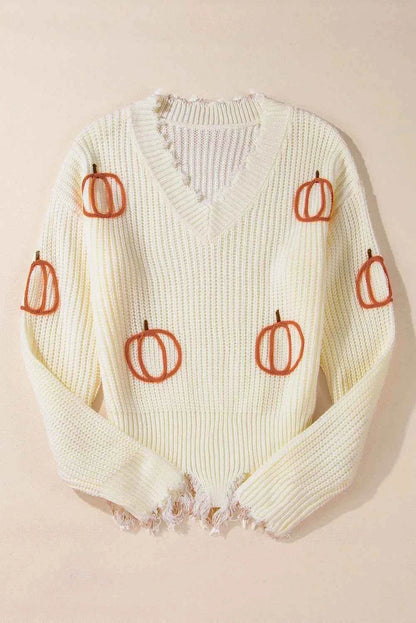 Raw Hem Pumpkin V-Neck Long Sleeve Sweater Trendsi 572d6ecb-33a0-483a-b288-1f78398260e2-Max