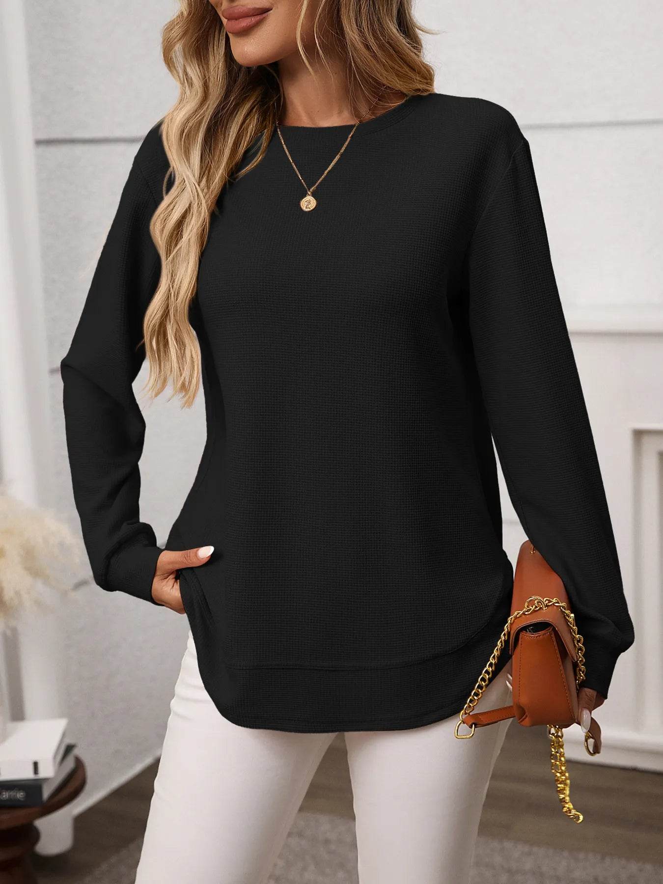 Long Sleeve Round Neck T-Shirt Trendsi