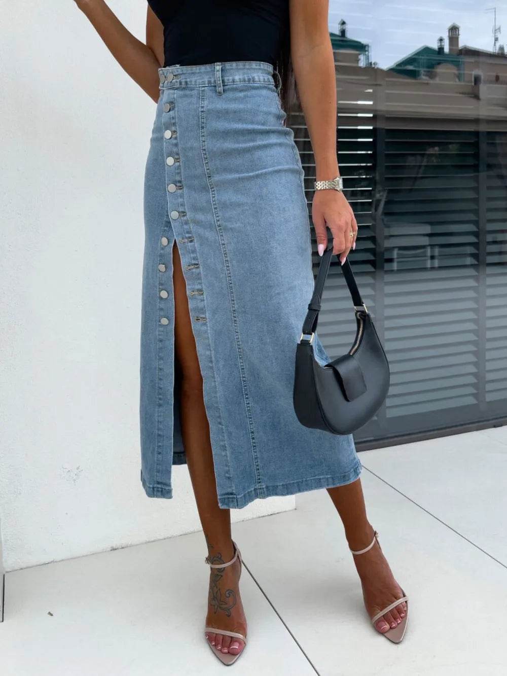 Front Button Slit Midi Denim Skirt Trendsi 574c8a71-acda-42b5-a644-0c24f12fca75-Max