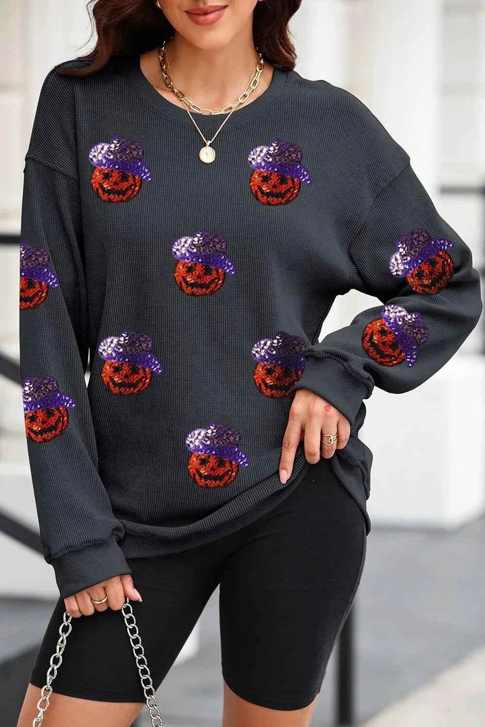 Sequin Pumpkin Long Sleeve Sweatshirt Black Trendsi 5776dca9-0e7a-4b53-be0e-6109752e166a-Max