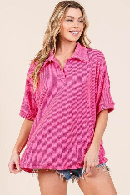 BOMBOM Ribbed Collared Neck Top Trendsi 57808dbe47654b389ed593e4a133410a-Max-Origin