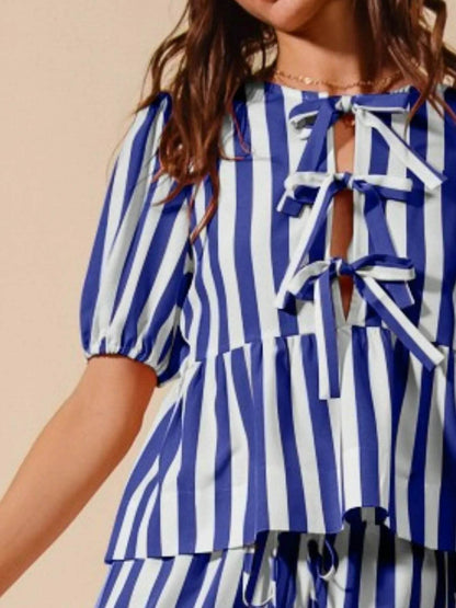 SO ME Front Tie Stripe Puff Sleeves Top and Wide Leg Pants Set Trendsi 578391d4-1850-472d-9b75-eaea0223bde3-Max-Origin