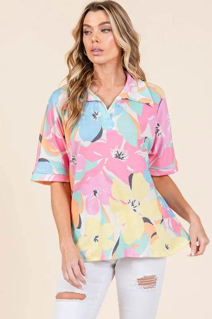 BOMBOM Floral Collared Neck Half Sleeve Top Trendsi 578d2ee0-db37-4203-883c-4f1027c383df-Max
