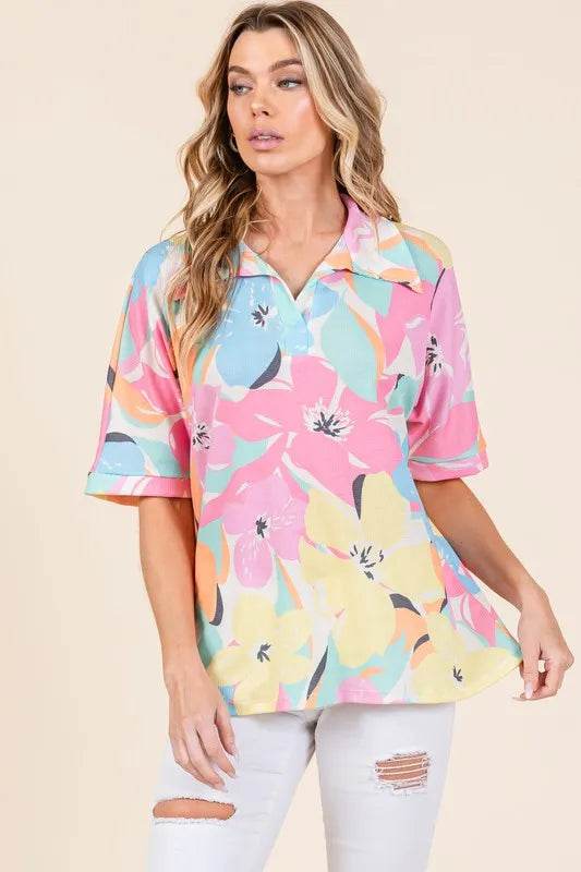 BOMBOM Floral Collared Neck Half Sleeve Top Trendsi 578d2ee0-db37-4203-883c-4f1027c383df-Max