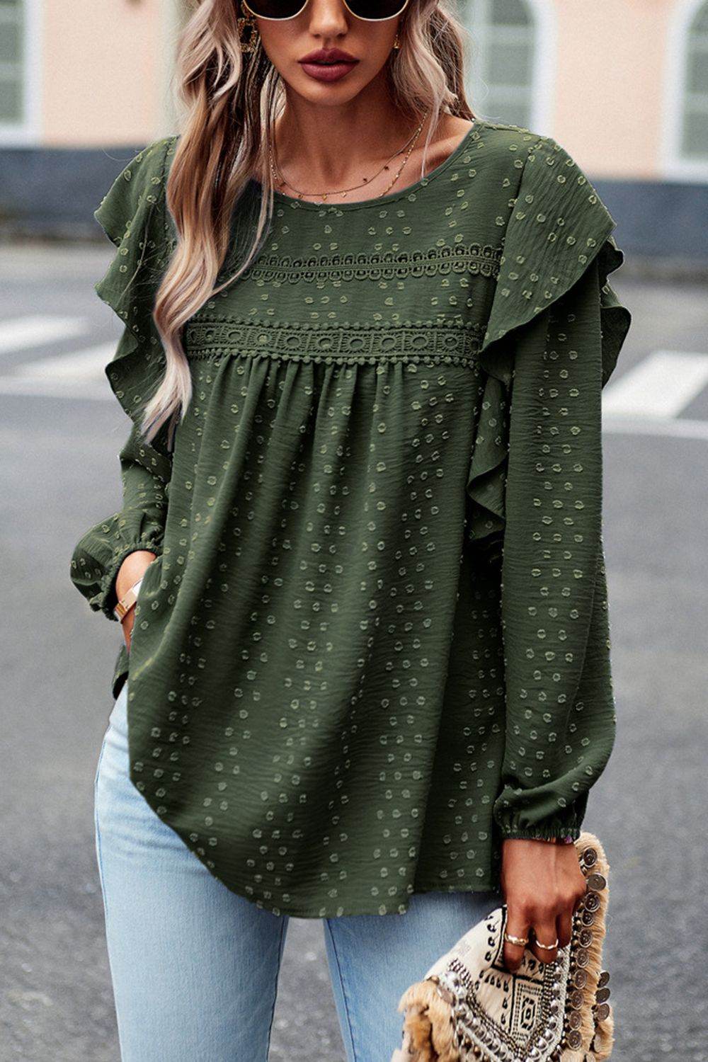 Devine Ruffle Trim Balloon Sleeve Blouse Trendsi 57a757b745e44f90a6d52825766d2a13-Max