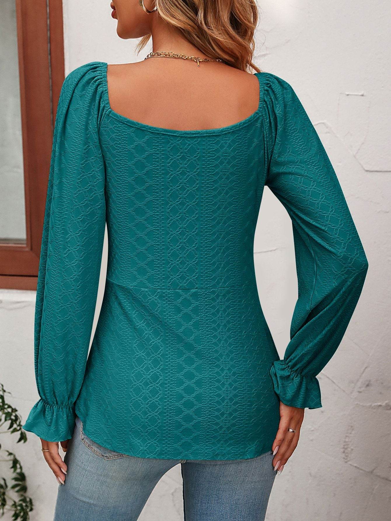 Mandy Tie Front V-Neck Puff Sleeve Blouse Trendsi 57a7844012994219902f6456bc4e6204-Max