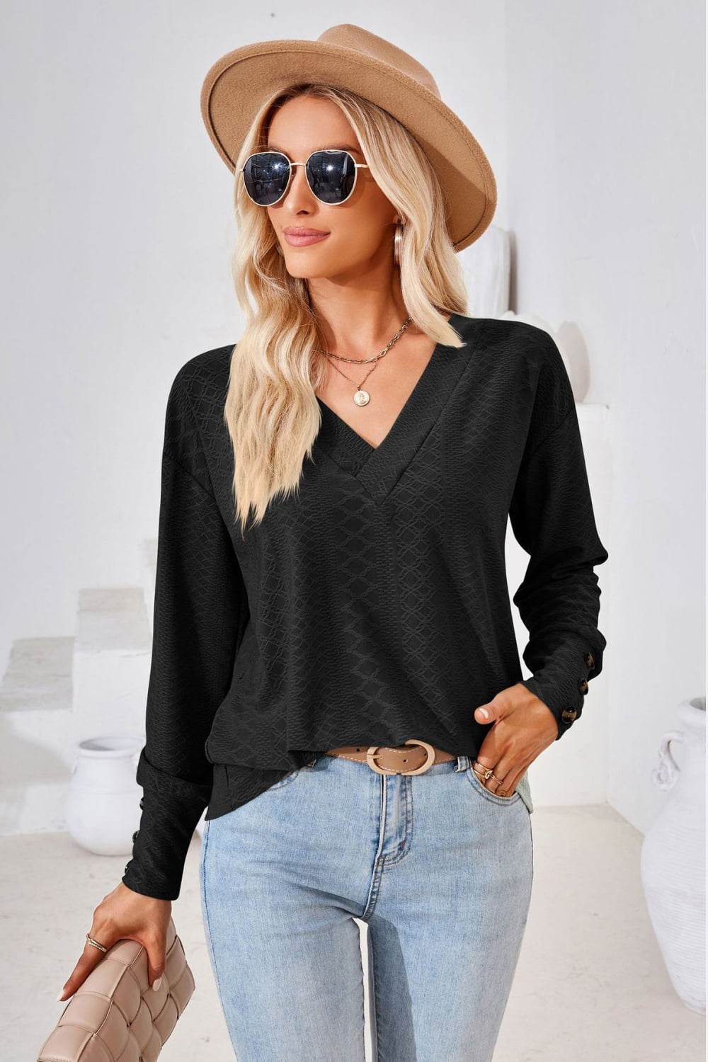 V-Neck Long Sleeve Blouse Black Trendsi 57a84ae0c95e4c44882cf33b59482611-Max
