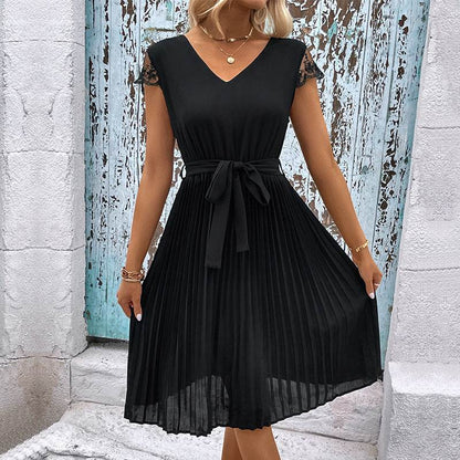 Perfee V-Neck Tie Belt Pleated Dress Black S Trendsi 57cbc6f8508d40688beeeedf37ae426a-Max