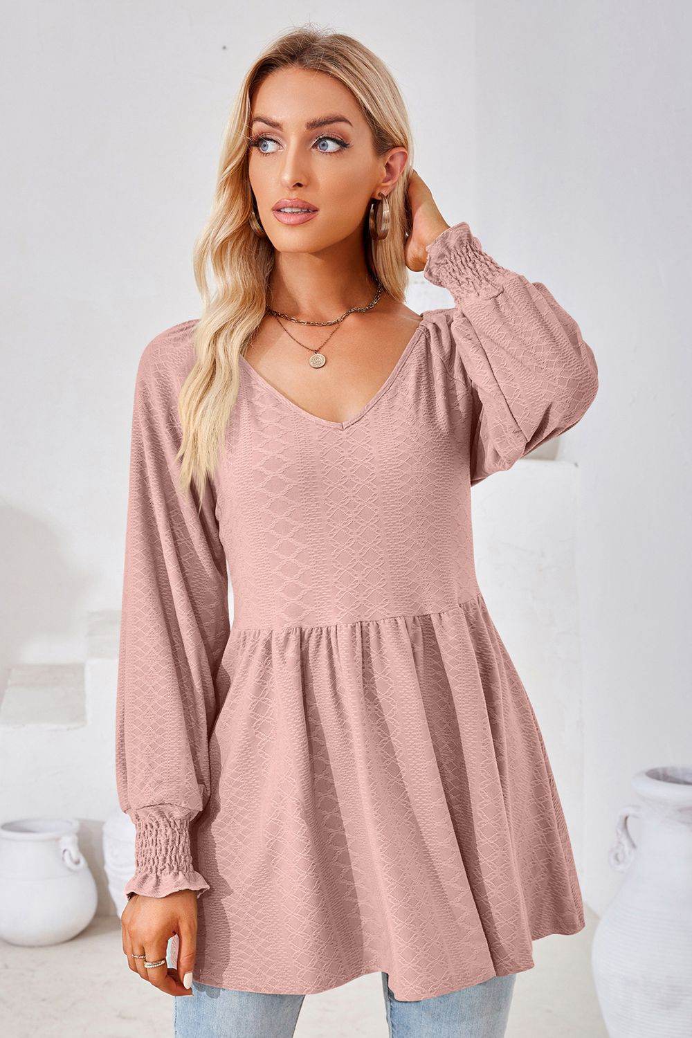 V-Neck Lantern Sleeve Blouse Trendsi 57e7997397b740e69bed9a79d3e332f5-Max
