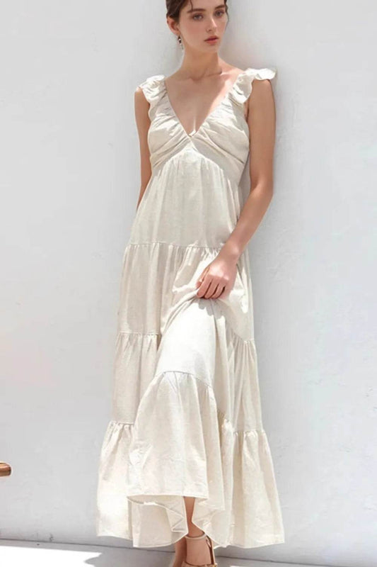 Ruffled V-Neck Tiered Dress Beige Trendsi 57f93103-5d6e-4e71-a00e-8501ba150819-Max-Origin