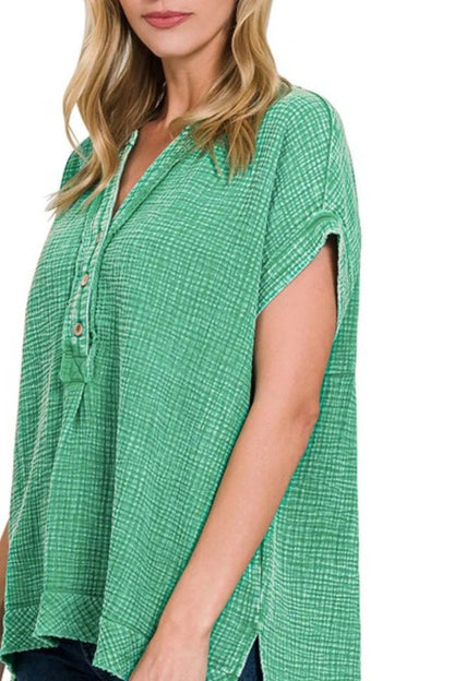 Zenana Washed Double Gauze 3/4 Button Henley Neck Shirt Trendsi 57fac412-e96c-4a24-9913-a47a1bf4f593-Max-Origin