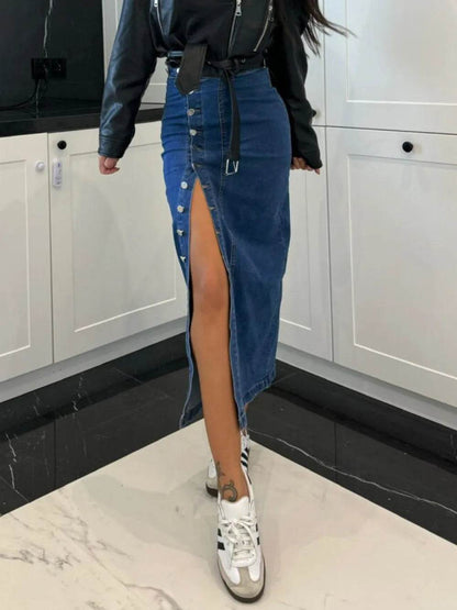 Front Button Slit Midi Denim Skirt Trendsi 581c7df3-fbf2-4e51-8ca8-b30f97548f47-Max