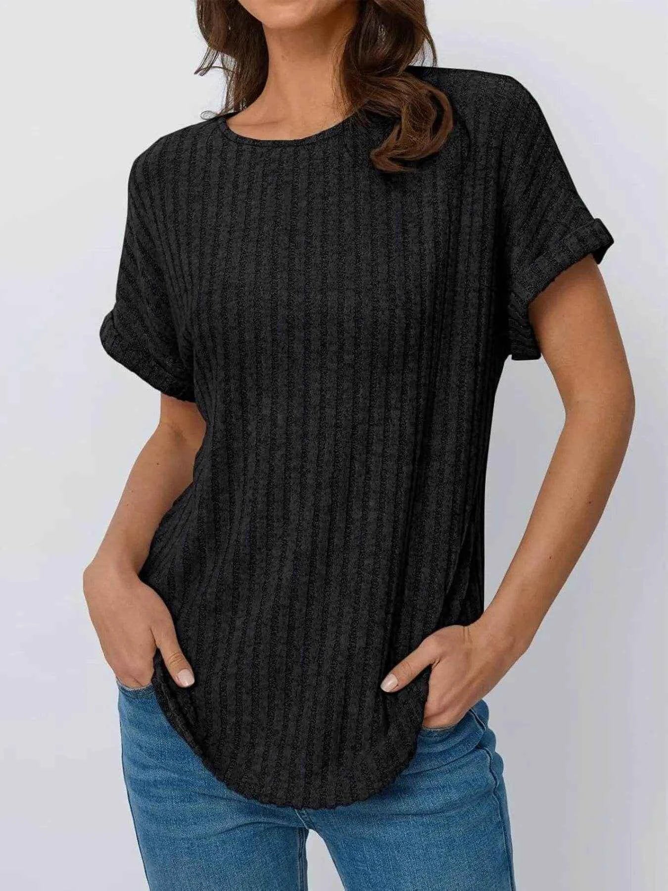 Casual Ribbed Knit Short Sleeve T-Shirt Black Trendsi 5823871f4cfd45fca53fd9b242e23578-Max-Origin