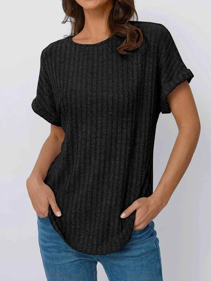 Casual Ribbed Knit Short Sleeve T-Shirt Black Trendsi 5823871f4cfd45fca53fd9b242e23578-Max-Origin