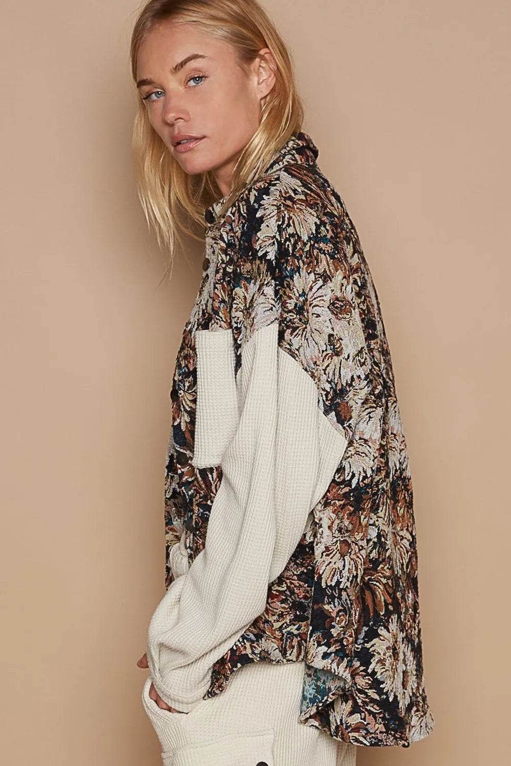 POL Contrast Sleeves Button Down Floral Jacquard Shirt Trendsi 586b35db-5aeb-43ee-9921-4ba9b128de85-Max