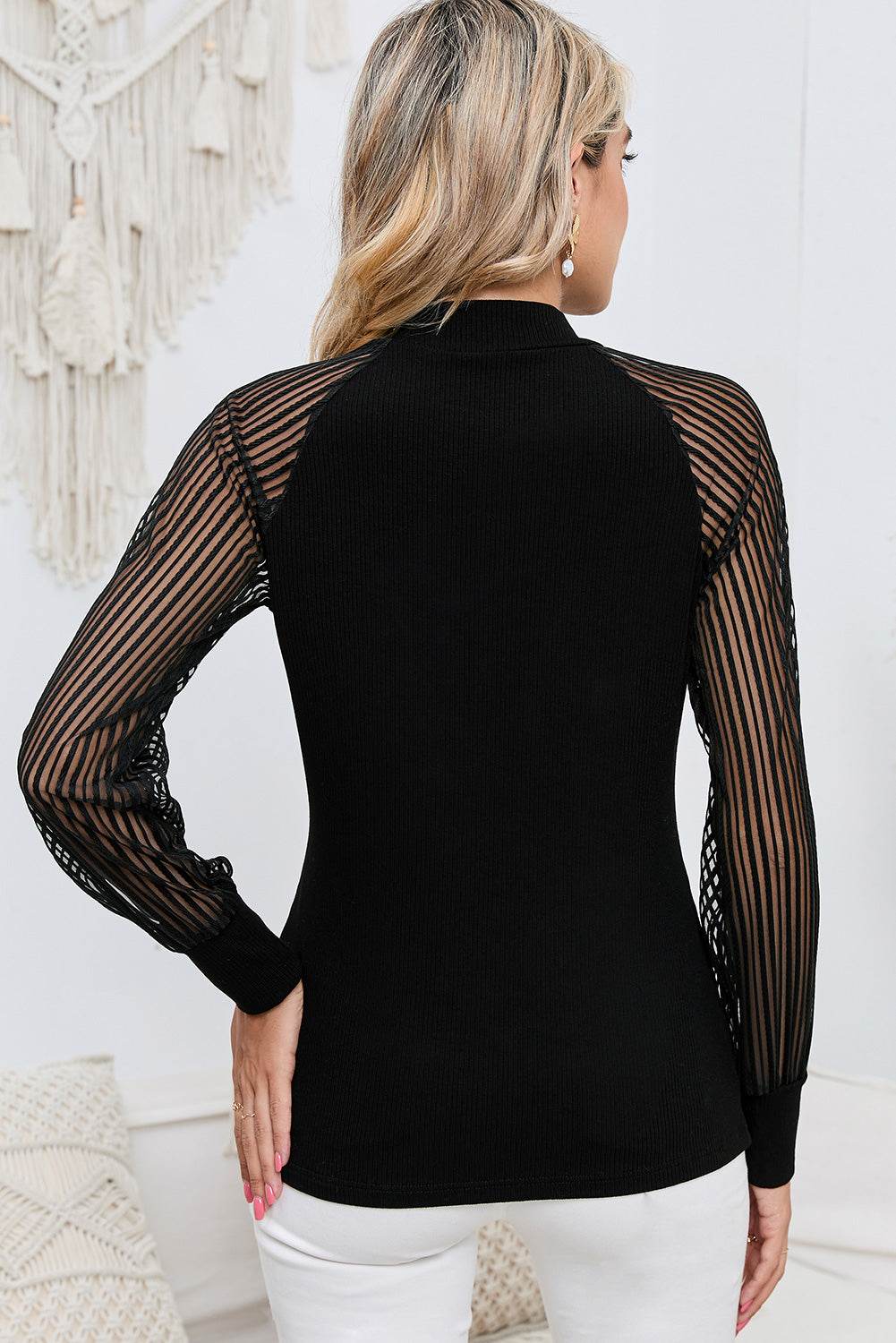 Round Neck Semi-Sheer Sleeve Blouse Trendsi 58710ad263bf42b19dd8650e9846d512-Max