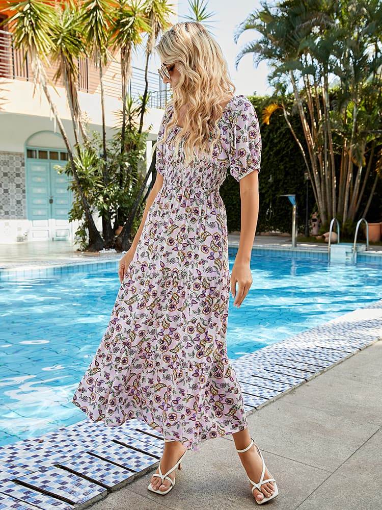 Printed Square Neck Short Sleeve Midi Dress Trendsi 587b1705b1d4446b938d976386565f6f-Max
