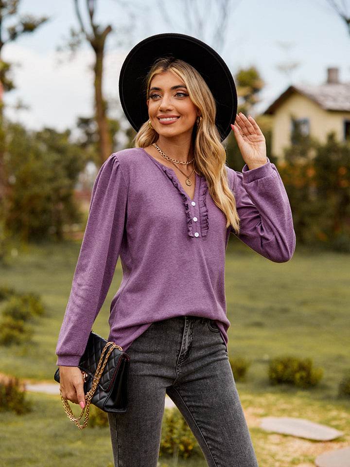 Puff Sleeve Ruffle Trim Blouse Trendsi 587e5eaf09234c099d116cf802f1433a-Max
